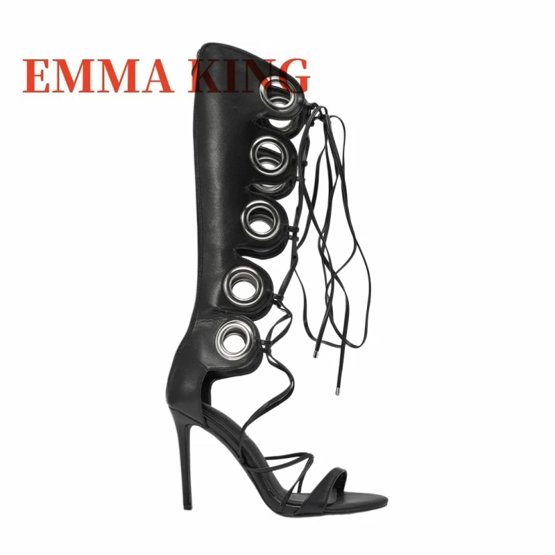 Eyelet Trim Gladiator Sandals Summer Lace-up PU Leather Boots Women's Sexy Strappy High Heels Sandals Luxury Design Party Shoes