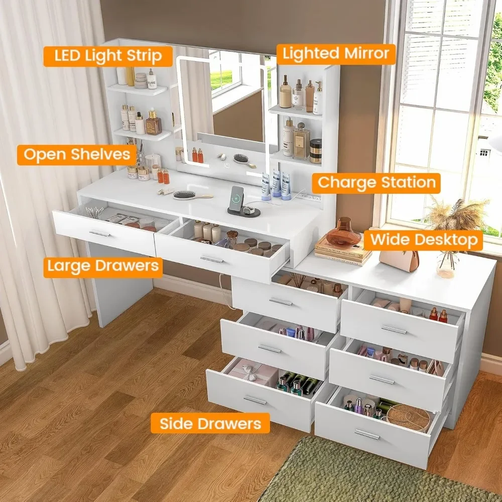 Vanity Makeup Desk, Dressing Table with LED Light Mirror & Power Outlet, 8 Drawers, 3 Color Modes & Adjustable Brightness