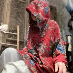 Vintage Floral Blouses Women Spring New Casual Long Sleeve Loose Cotton Linen Tops Stylish Red Hooded Shirt Literary