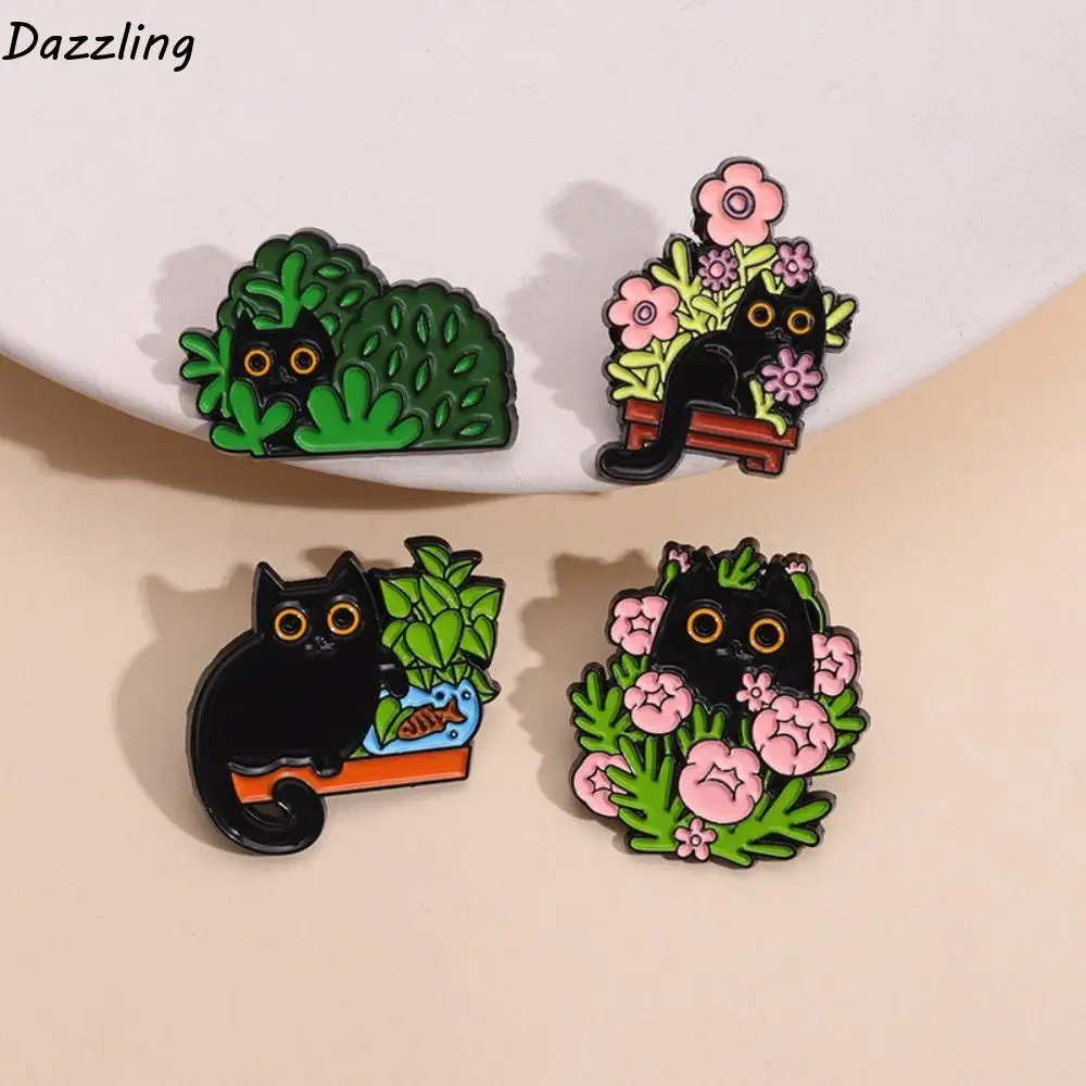 Cartoon Black Cats Enamel Pins Cute Funny Big Eyes Kitten Brooches Creative Metal Floral Animal Lapel Badges for Kids