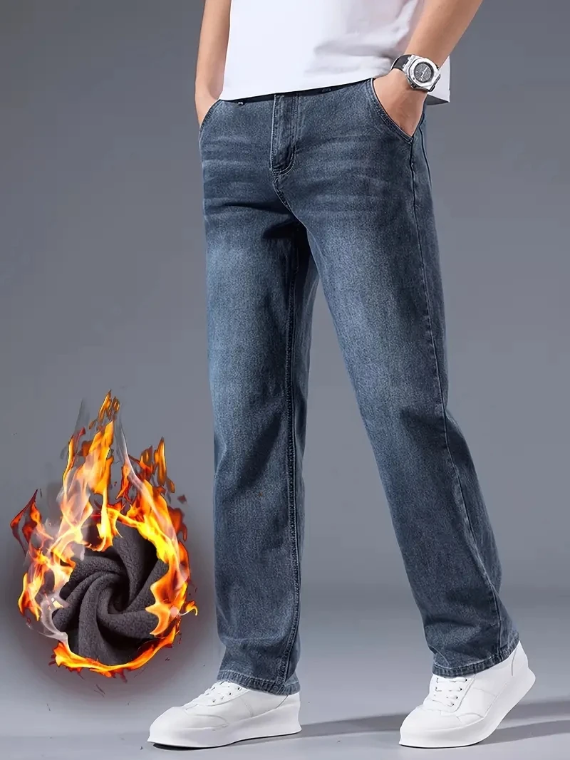 Jeans casual da lavoro elasticizzati spessi foderati in pile caldo invernale da uomo Pantaloni leggeri per ufficio e abbigliamento quotidiano