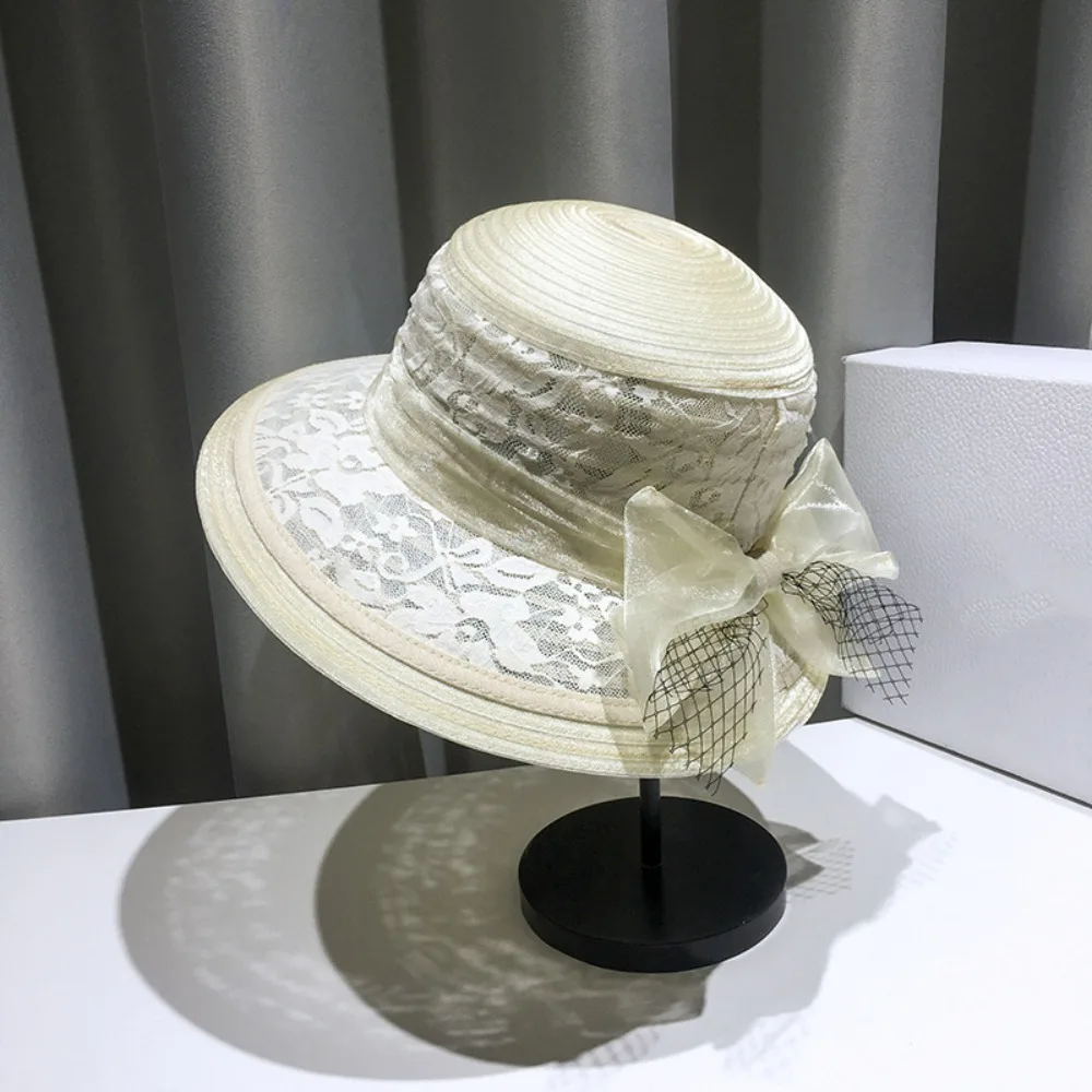 

Solid Color French Style Lace Net Yarn Hat Hepburn Elegant Women's Bow Hat Bucket Cap Patchwork Bowler Fisherman Hat Summer