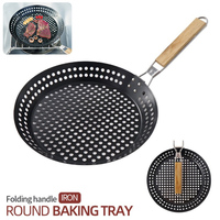 Outdoor Round Hollowed-Out Baking Tray, Camping Picnic Portable Grill Pan With Wooden Handle, Barbecue Non Stick Frying Pan
