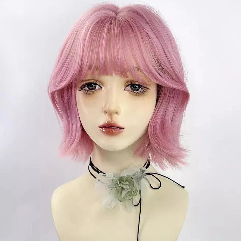 Double sideburns slightly curled air bangs wig thin vine pink purple short curly hair synthetic wig Halloween Christmas cosplay