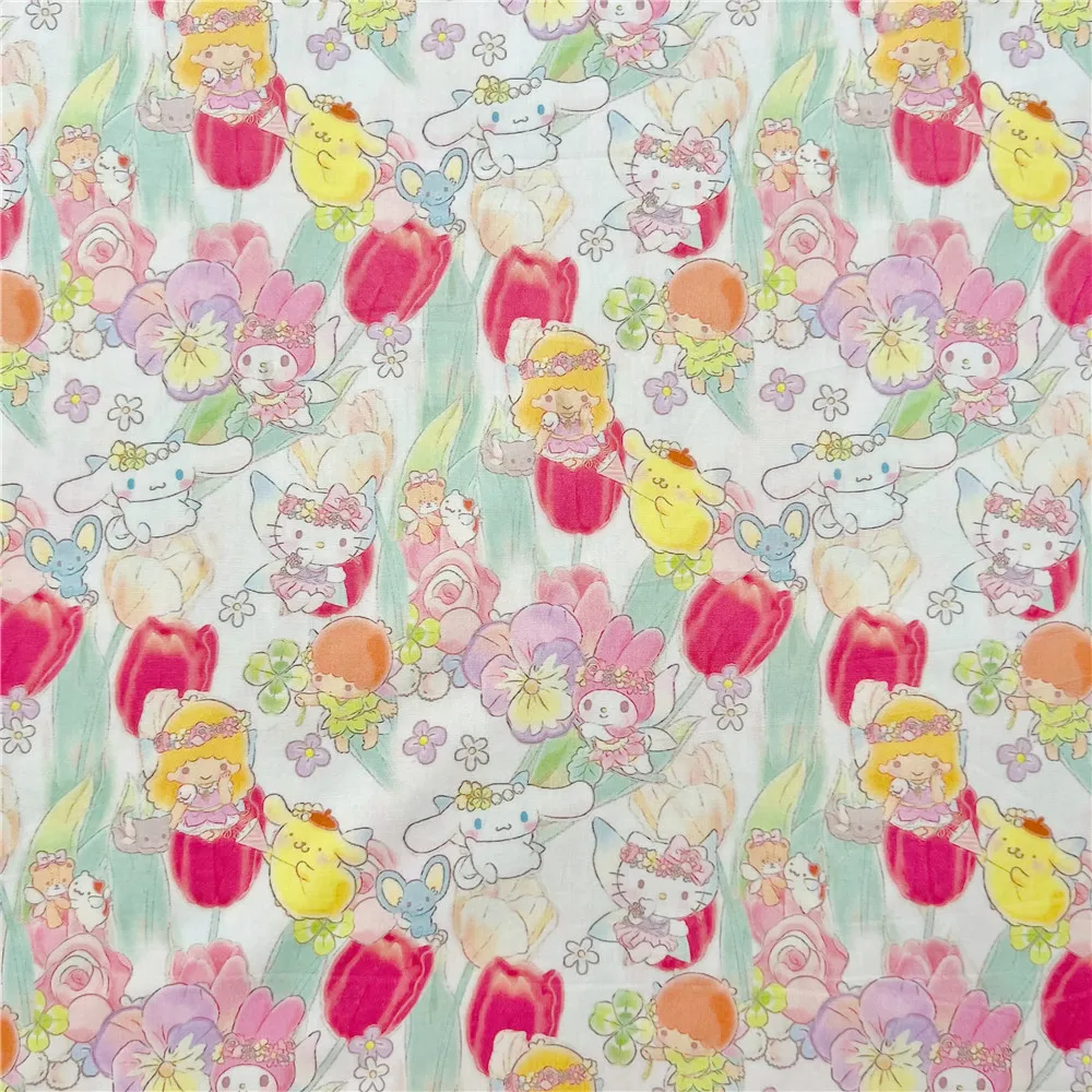 Width 145cm Sanrio Hello Kitty Little Twin Stars Cotton Fabric Sew Patchwork Quilting DIY Needlework fabric by yard for dresses