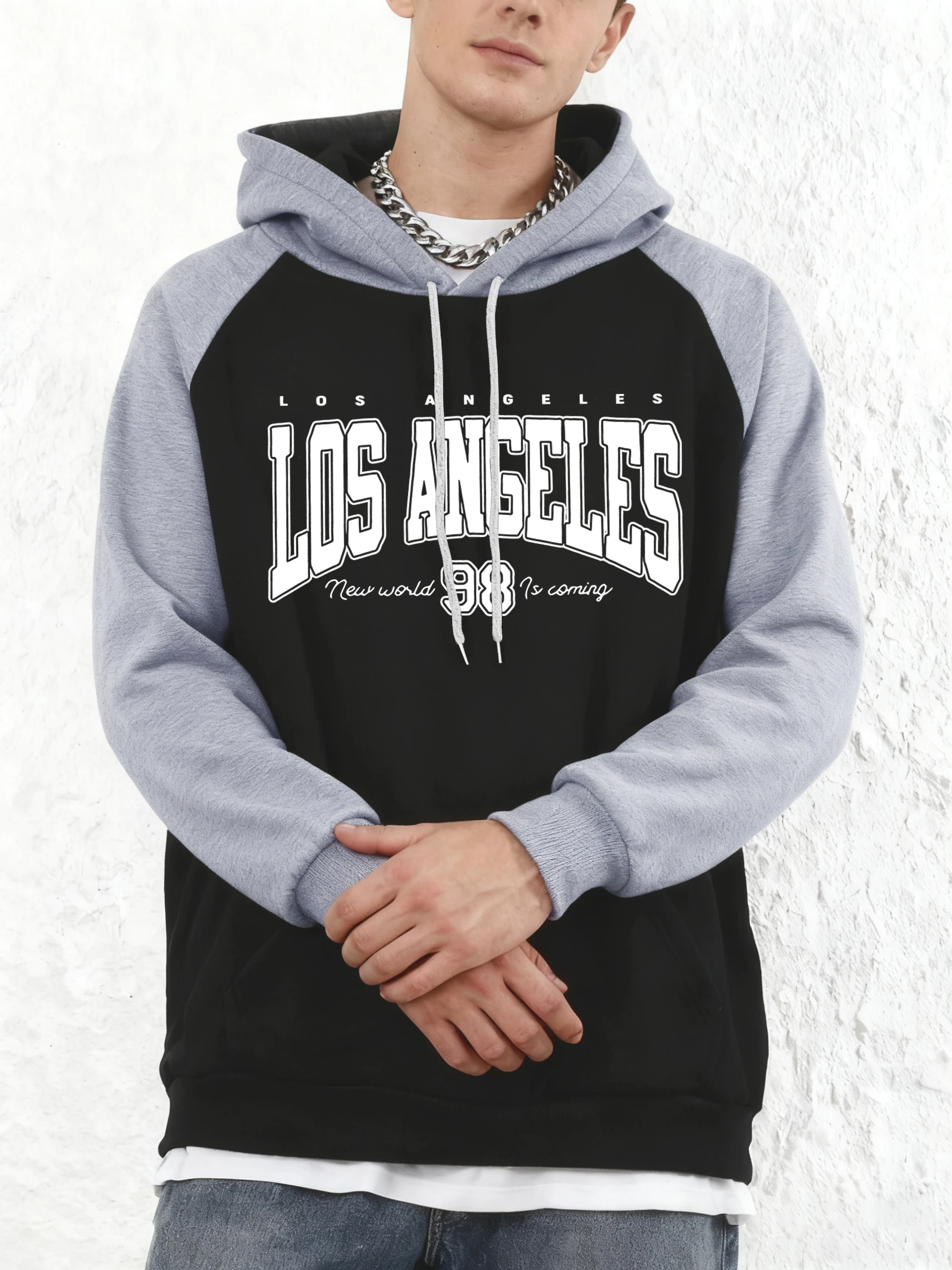 Los Angeles New World Is Coming Bedruckte Streetwear für Herren, lockerer, trendiger Raglan-Top-Sport-Hoodie, langärmeliger Hoodie mit Taschen