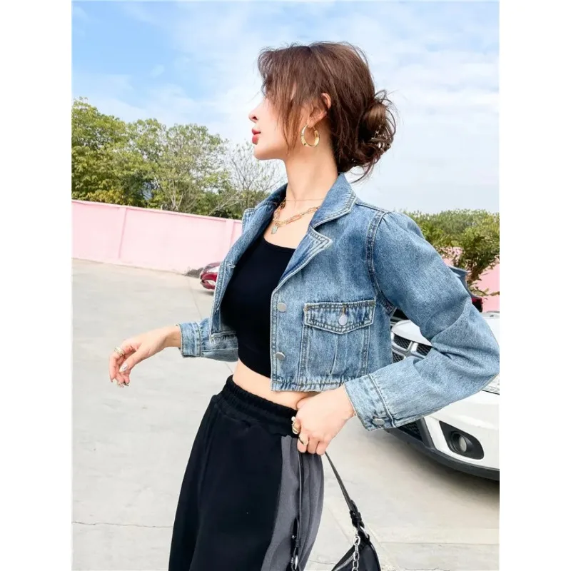 

Short denim jacket women's autumn 2021 new retro Hong Kong-style fashion all-match suit collar is thin and fried street tops