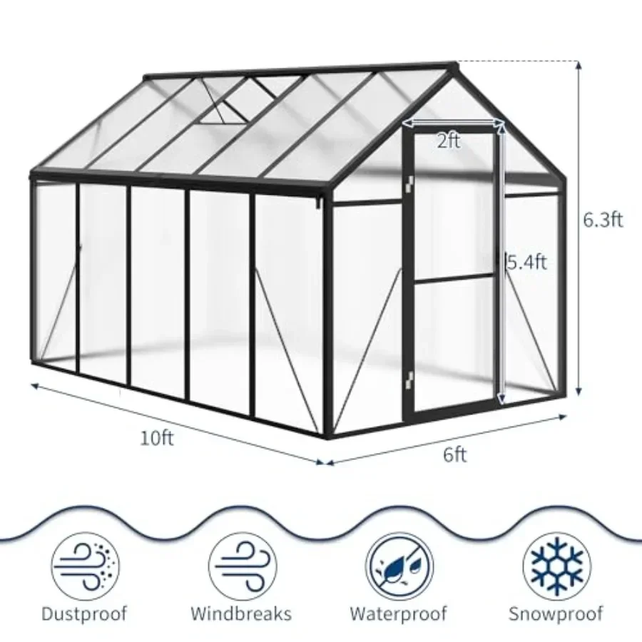 6×10 FT Greenhouse, Large Walk in Greenhouses for Outdoors and Garden Planting, Polycarbonate Greenhouse with Enhanced Aluminum