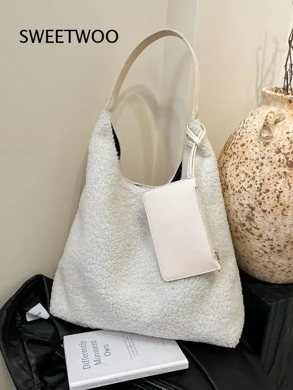 Large Capacity Teddy Plush Tote Bag Women Brown Fuzzy Shoulder Bag With Detachable PU Leather Mini Bag