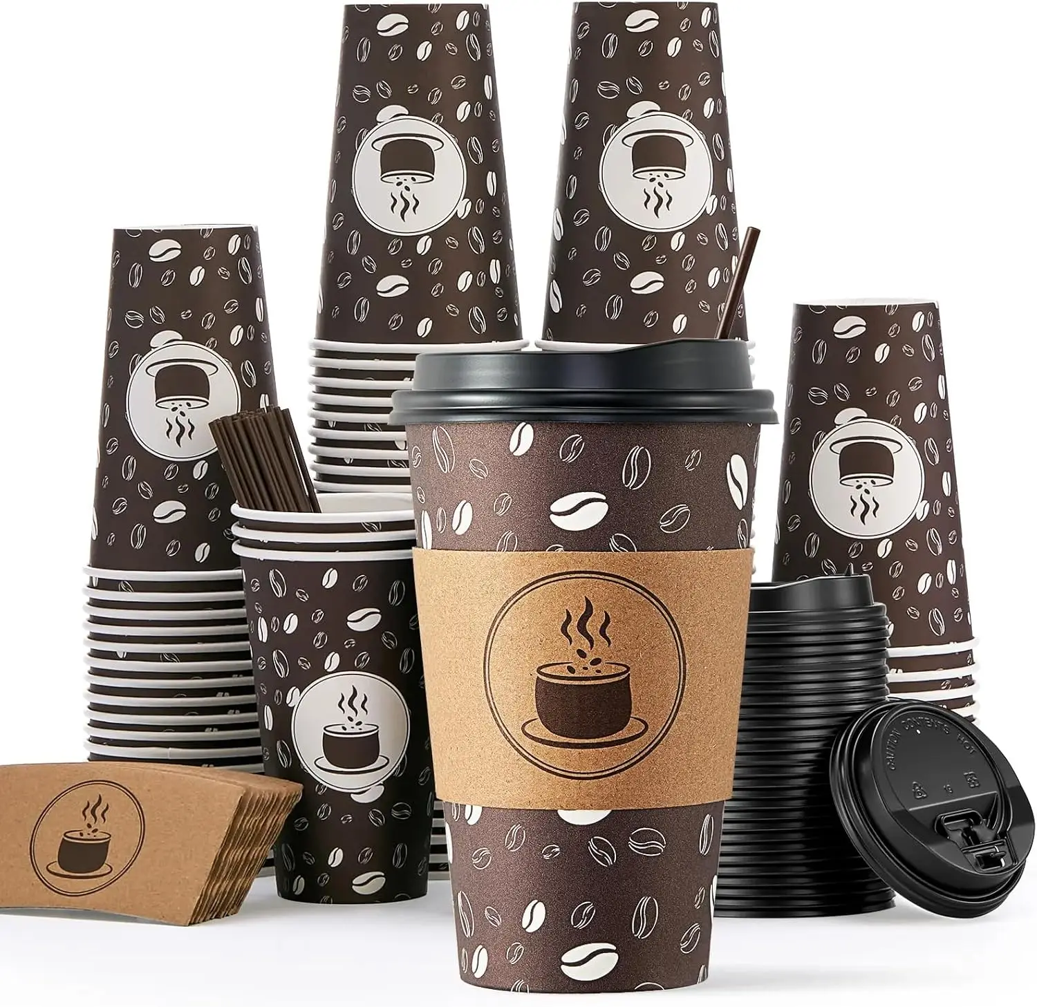

Disposable Coffee Cups with Lids, Sleeves and Straws - 12oz(100 Pack) Paper Coffee Cups with Lids
