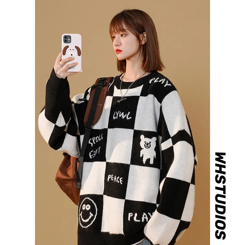 Autumn and winter neutral men's and women's sweaters crew-neck knitwear national wind sweater waxy waxy sweater lazy wind sweate