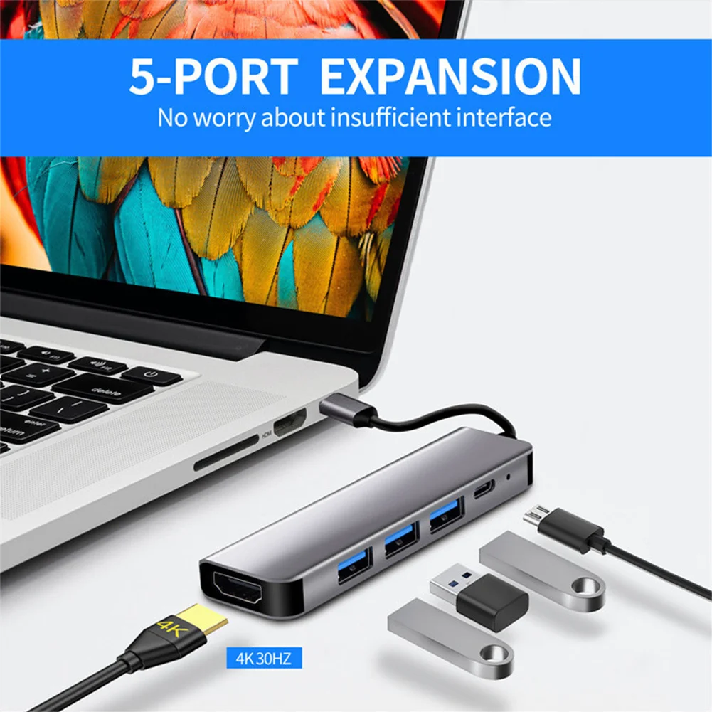 USB C 허브 멀티 포트 USB-C 확장기, 스마트폰 노트북 플래시 드라이브용 3.1 어댑터, 4K 미니 데이터 어댑터, 5 in 1