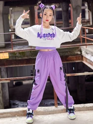 New Jazz Dance Costume Kids Hip Hop Clothes Girls White Crop Tops Purple Cargo Pants Long Sleeved K-pop Concert Show Wear BL9259