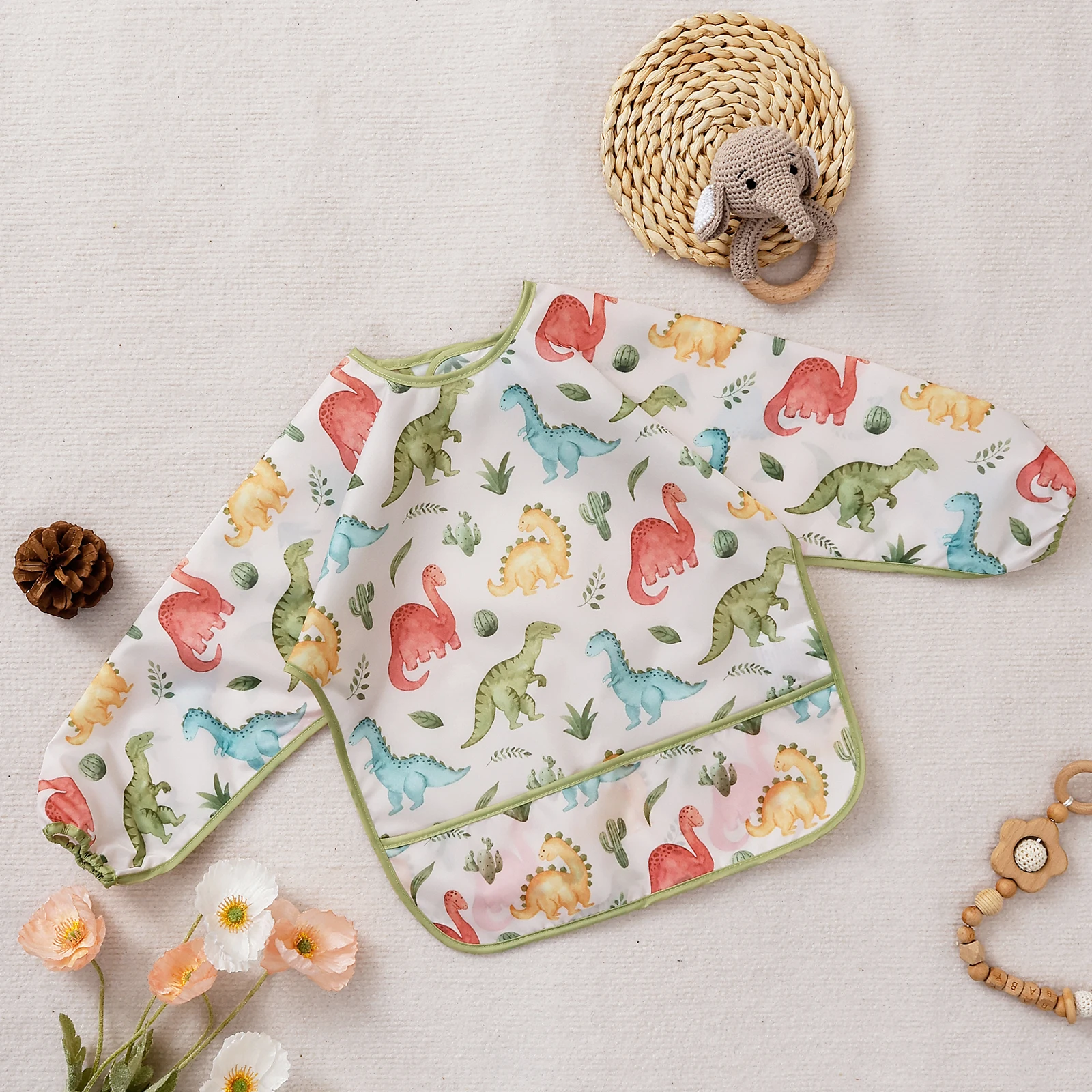 Elinfant 1PC slabbetjes met lange mouwen, waterdichte voedingsslabbetjes, wasbare spuugdoek, overall slabbetjes, gemakkelijk schoon te maken, wasvrije eetslabbetjes