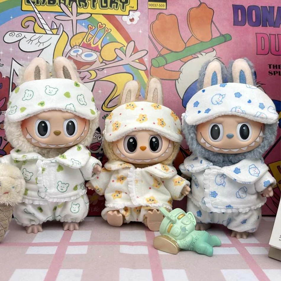 

Labubu Mini Pajamas With Eye Mask Three-piece Kawaii 15-17cm V1 V2 Labubu Clothes Cute Idol Plush Doll Accessories Kids Gifts