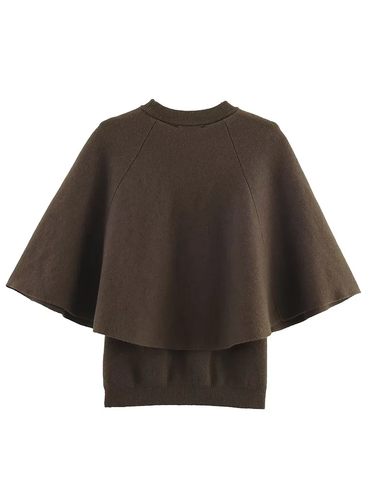 

HH Autumn New Battalion Sleeve Knitted Sweater Brown Pullover Top Fashionable Warm Round Neck Stacked Sleeves Women's Clothing