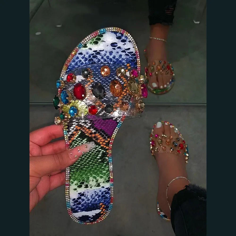 Summer Slides Women Flip Flops Fashion Slippers Gemstone Rhinestones Wild Diamond Flat with Transparent PVC Ladies Shoes