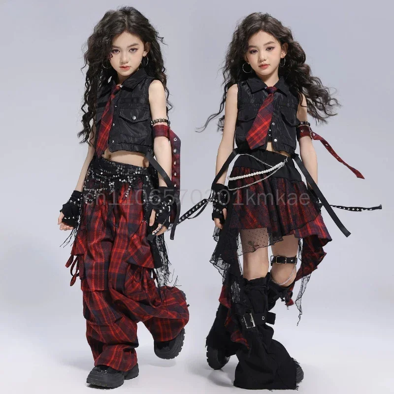 Plaid Hip Hop Dance Outfit Fashion Street Dance Crop Top Pants Skirt Kpop Jazz Stage Performance Costume For Daily & Show Wear