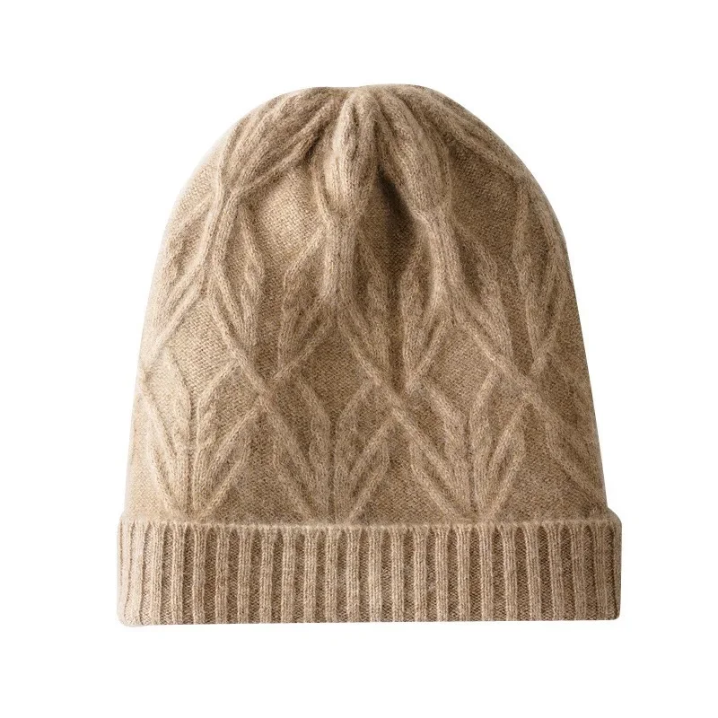 

Cashmere hat women's 100% pure cashmere autumn and winter new rhombus double strand thickened knitted warm hat