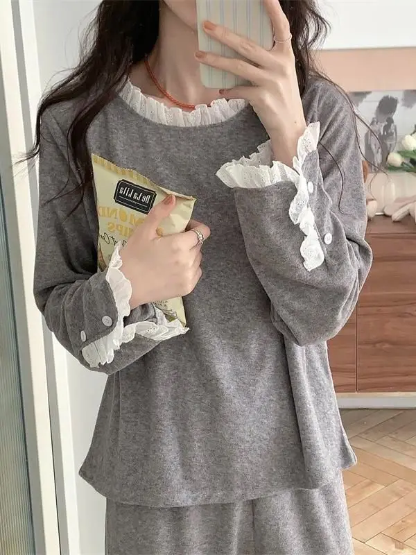 Sweet Simple Lace Trim round Neck Sleepwear Set Women's Long Sleeve Long Pants Home Clothes Spring Autumn New Style Milk Silk