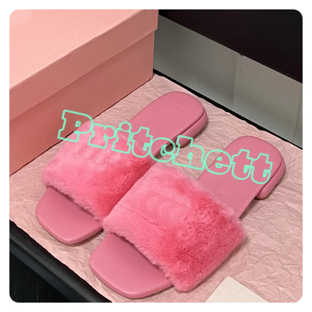 Sweet Pink Square Open Toe Women Slippers Flats Fur Female Wear-resistant Flat Shoes Slip-on Solid Casual Outdoors 2025 New