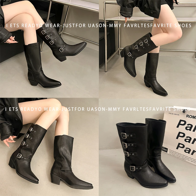Damen Western Cowboy Stiefel mit Metallschnalle, spitzer Zehenpartie, mittelhoher Schaft, klobigem Absatz – Lässige Schuhe für den Alltag, Outdoor und Partys