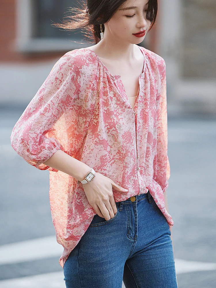 

Шикарный летний топ из шелка с цветочным узором и рукавом три четверти, на одной пуговице, для молодых женщин, в корейском стиле, для повседневной носки.