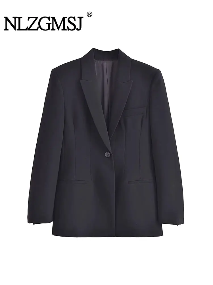 Nlzgmsj TRAF Women Black Blazer Lapel Long Sleeve Loose Fit Jacket Tide Spring Autumn Jacket 2023 Coat Women