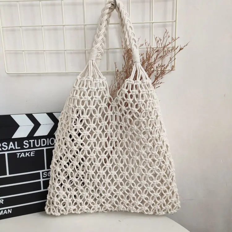 Women Bag Bucket Cotton Beach Bag Woven Bag Casual Hollow Out Solid SOFT High-Capacity Shoulder Bag Handbag