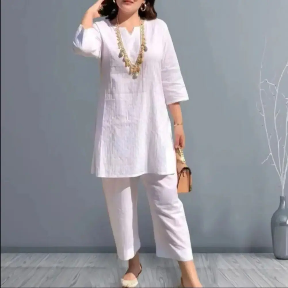 2025 1 Set Women Outfit V-Neck Elastic Waist Ethnic Style 3/4 Sleeves Sweat Absorption Summer T-Shirt Long Pants Casual Clothes