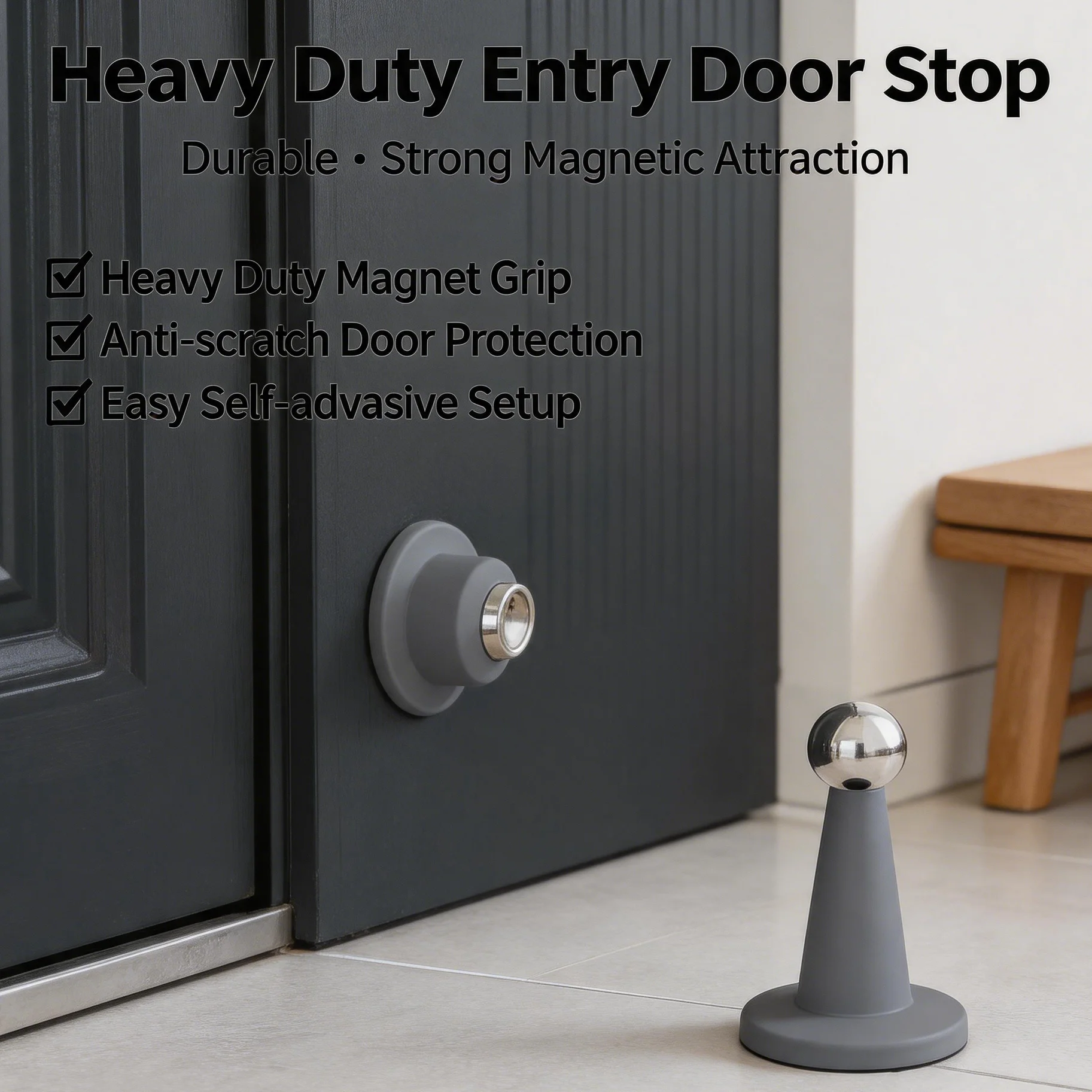 Premium Silicone Magnetic Door Stop, Drill-Free Anti-Collision Floor Mount, Non-Marking Easy Install for Home Bathroom Bedroom