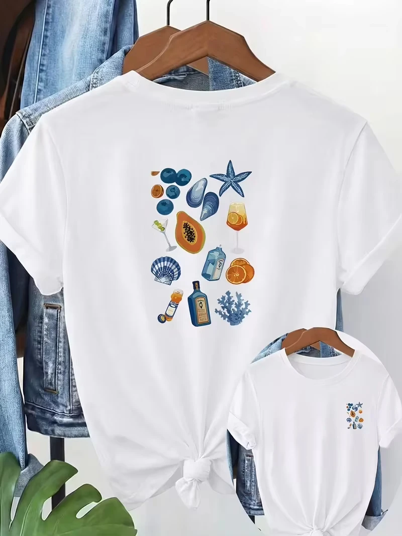 Unisex T‑shirt Ocean Fruit Cocktail Graphic Tee Crew Neck Short Sleeve Seashell Starfish Mixed Elements Print Casual Vacay Top