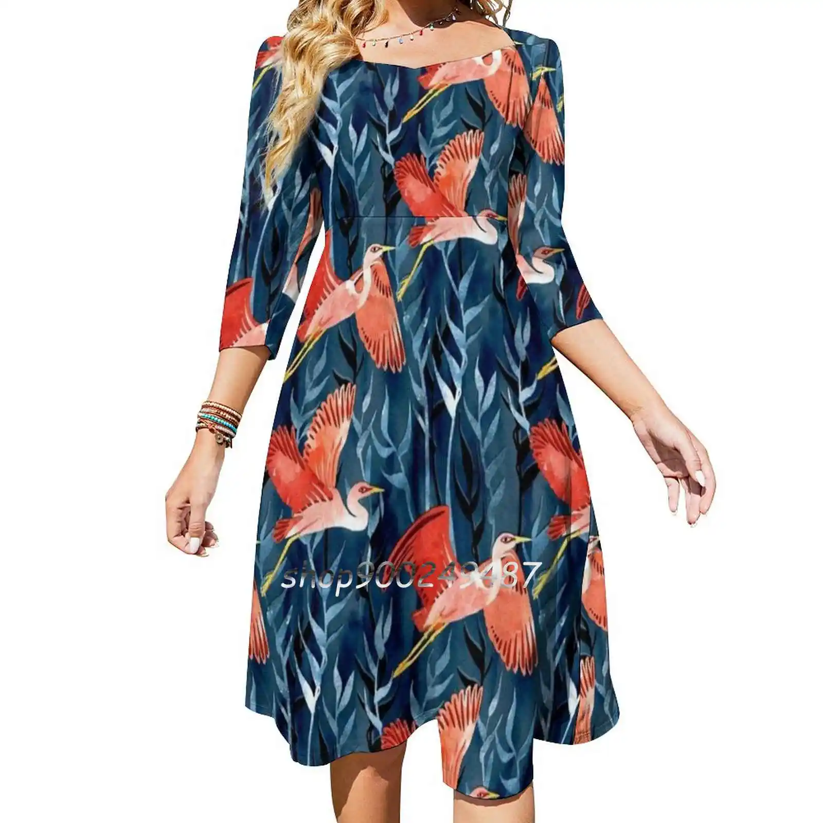 Birds And Reeds In Red And Blue Long Sleeve Sexy Dresses For Women 2022 Ladies Vintage Elegant Party Dress Egret Birds Micklyn image 2