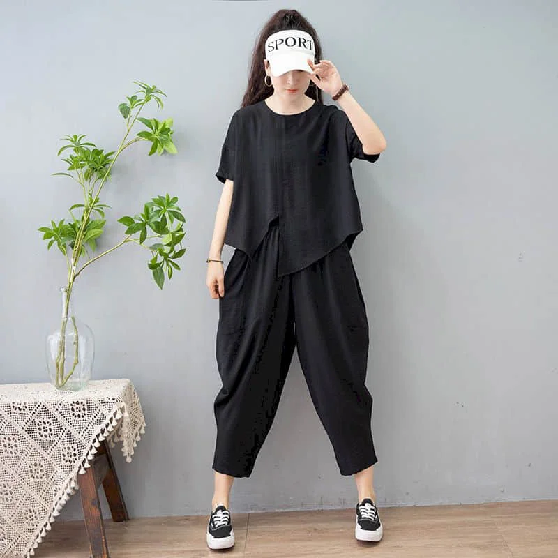 

Elegant Pants Sets O-neck Short Sleeve Irregular T-shirt and Harem Pants Summer Women's Tracksuit Casual 2 Piece Sets Outfits