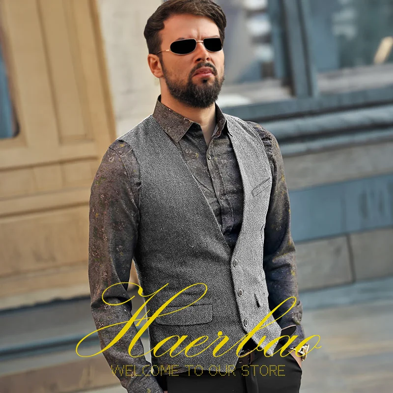 Khaki Men's Vest Suit Trendy Herringbone Sleeveless Jacket Vintage Steampunk Men's Waistcoat chaleco hombre