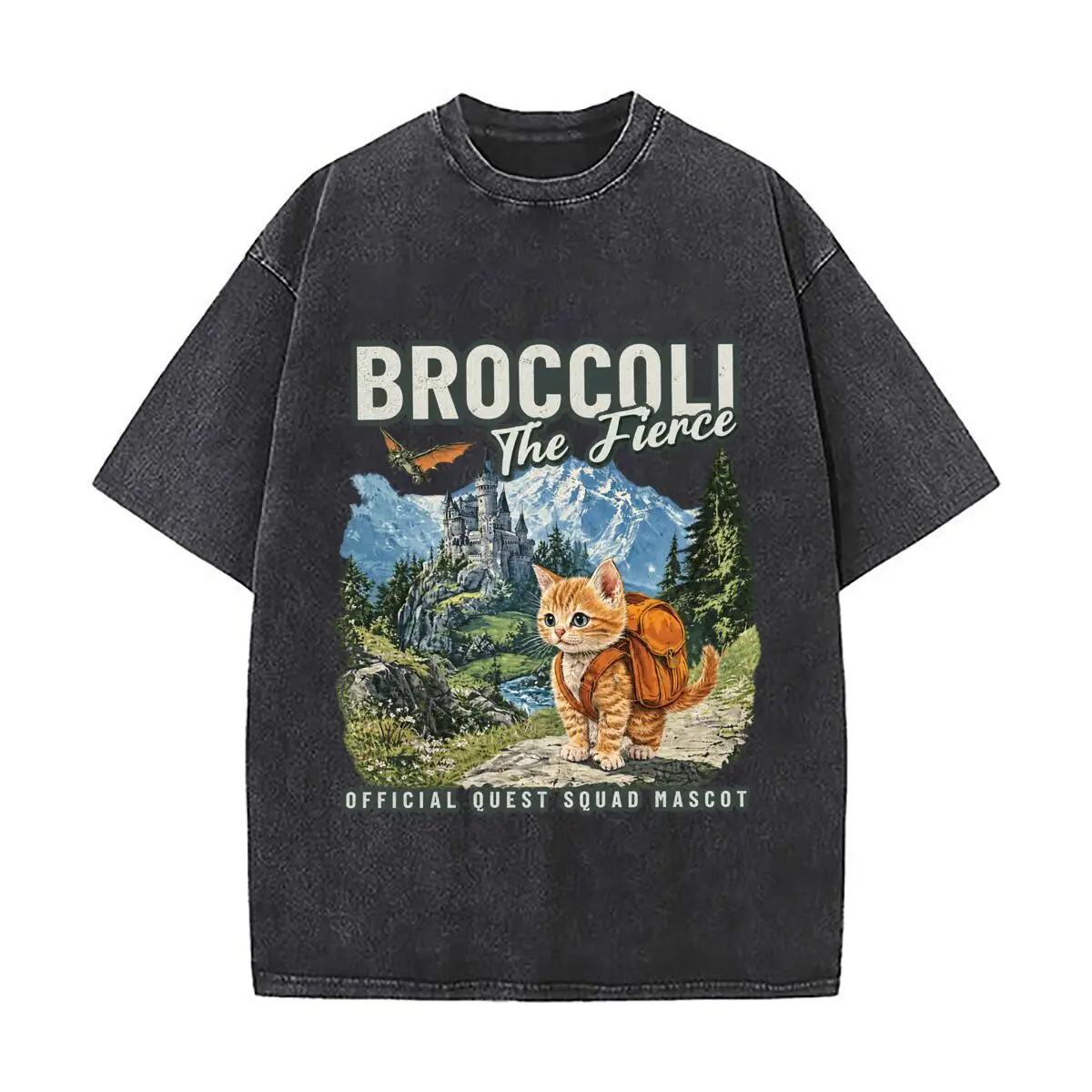 Broccoli The Fierce Official Quest Squad Mascot Fantasy Cat Washed Short Sleeve Loose Streetwear Tee Hip Hop