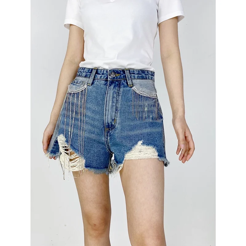 

Retro Faion Metal Decorated Ripped Denim orts Women's High Waist Zipper Fly Slim Fit Casual Summer Hot Pants