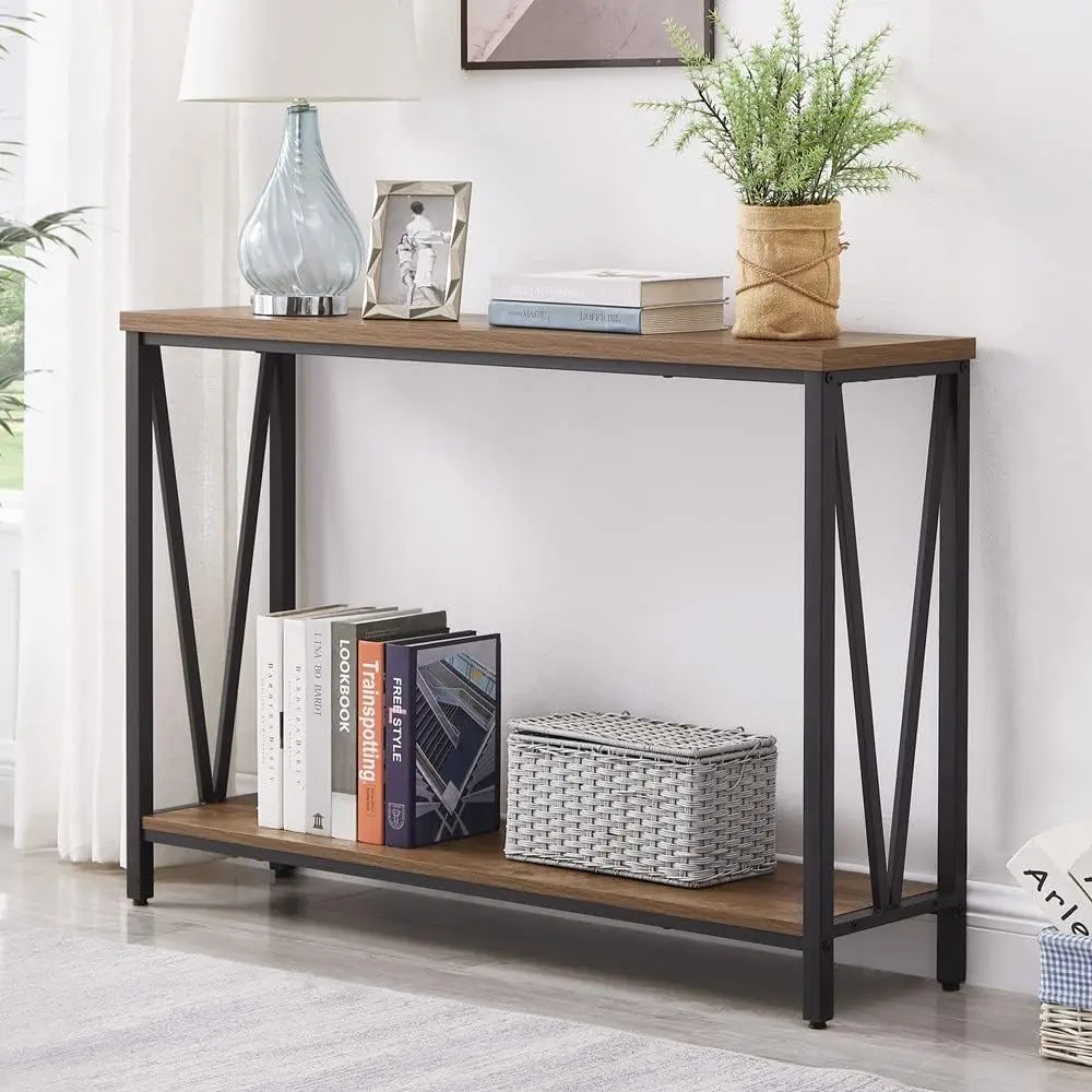 Mesa de entrada retro de 2 niveles con cajón de almacenamiento, 36 mesas de sofá de madera estrechas con patas elegantes y estante abierto para un elegante L