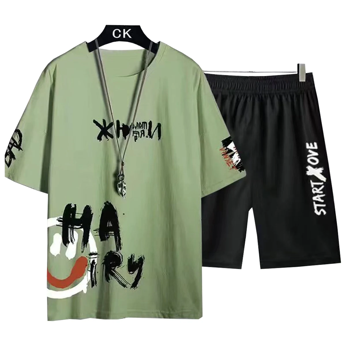 Men's Short Sleeved T-shirt Casual Shorts Set Round Neck Letter Print Pattern Spring Summer Young People's Student Clothing