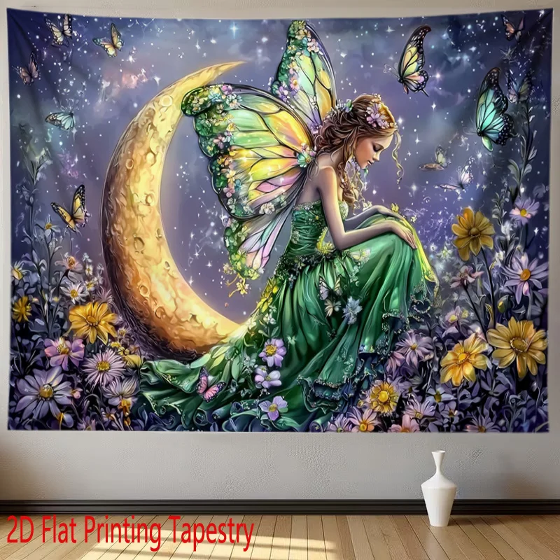 Dreamy Fairy Moon Night Floral Tapestry Wall Hanging Boho Aesthetic Bedroom Decor Fantasy Cosmic Art Tapestry Poster Canvas