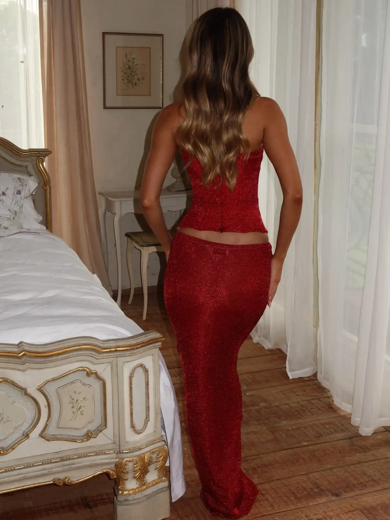 2025 Colore rosso Donna Sexy Shinning Floreals 2 pezzi Abito lungo aderente Celebrare Nightclub Party Compleanno Fashion Outfit