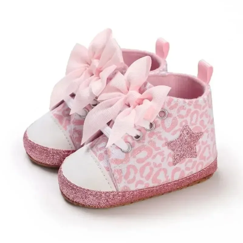 Meckior Baby Star Canvas Shoes Glittering Bowknot Soft Sole Anti Slip Baby Girls Shoes High-top Toddler Lace-up Princess Shoes