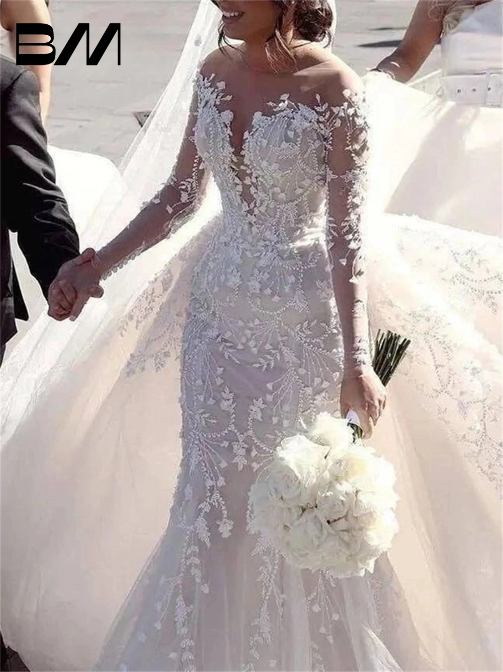 Arabic Long Sleeve Wedding Dresses With Detachable Train Lace Appliques Romantic Bride Dress Vestidos De Novia Robe De mariee