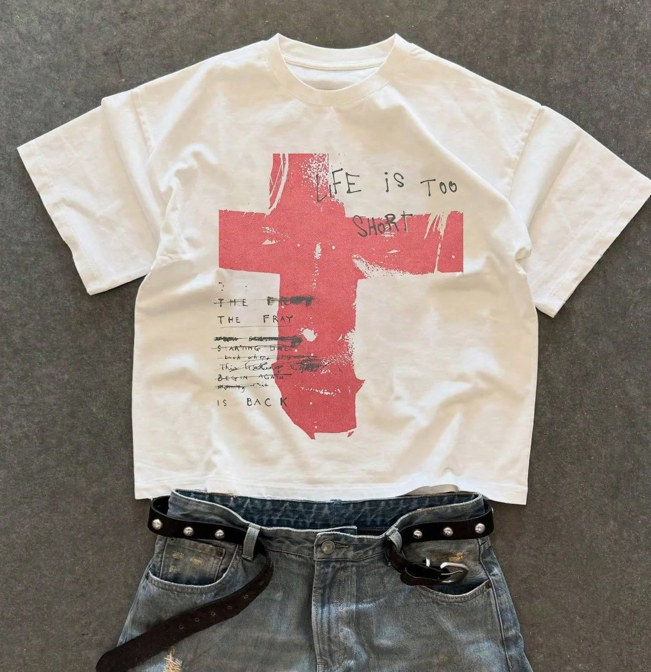2026 Oversized Cropped Cotton T‑Shirt For Adults Kids Retro Grunge Distressed Handwriting Slogan Print Street Short Sleeve Tee