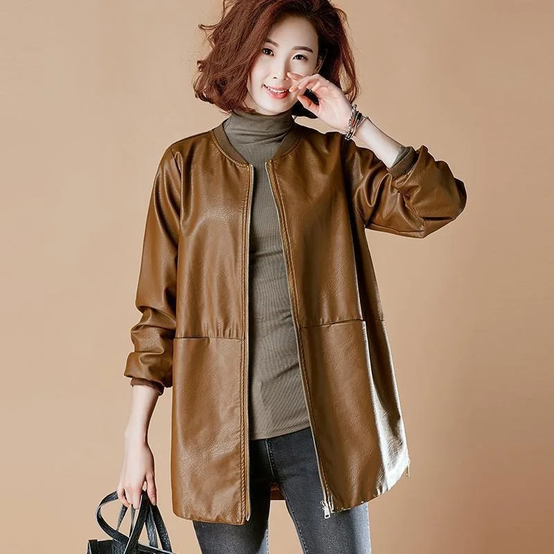 

Mid-Long Styles Leather Jacket Women Autumn Loose Baseball Uniform PU Leather Jacket Elegant Round Neck Zip Designs Women's Coat