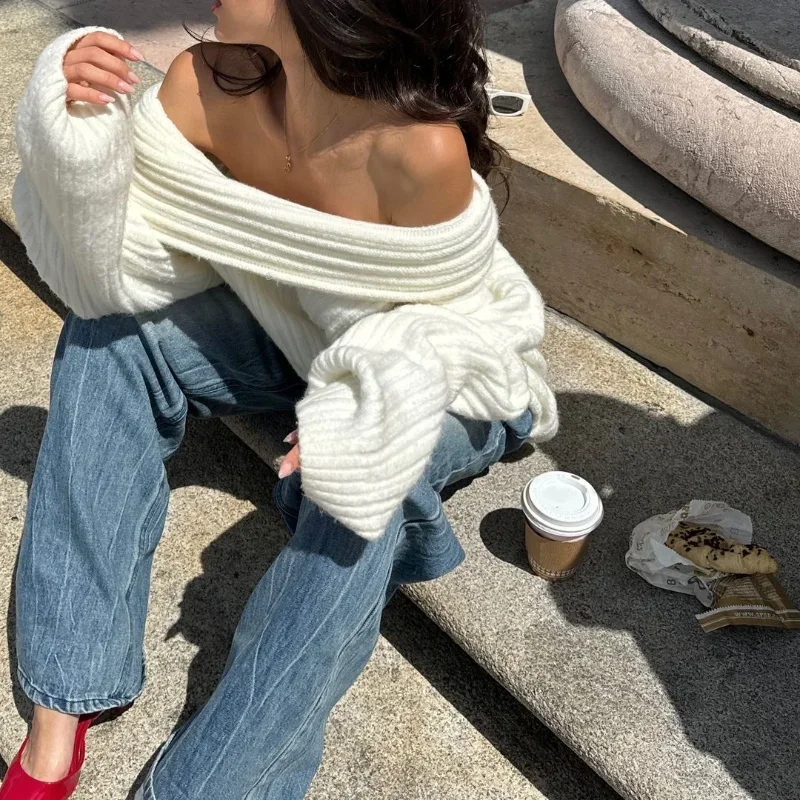 2024 Women Fashion Off Shoulder Solid Pullover Extended Elongated Sleeves Ultra Soft lady Knitted Sweater Chic Autumn Streetwear