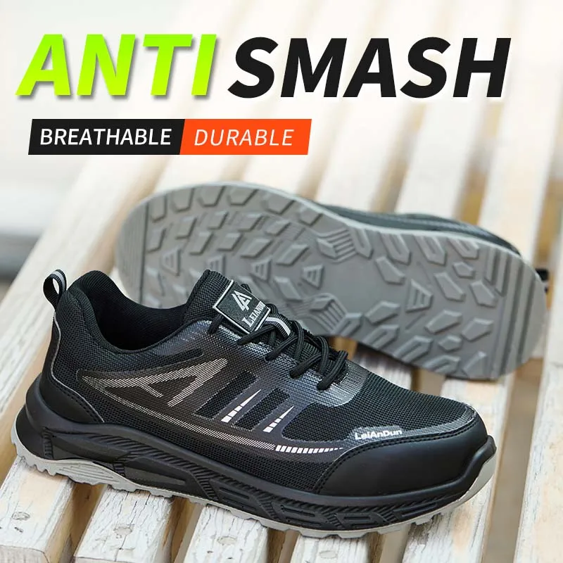 أحذية Leandun الرجالية الآمنة لجميع المواسم قابلة للتنفس ومريحة ومتينة ومقاومة للصدمات ومقاومة للثقب