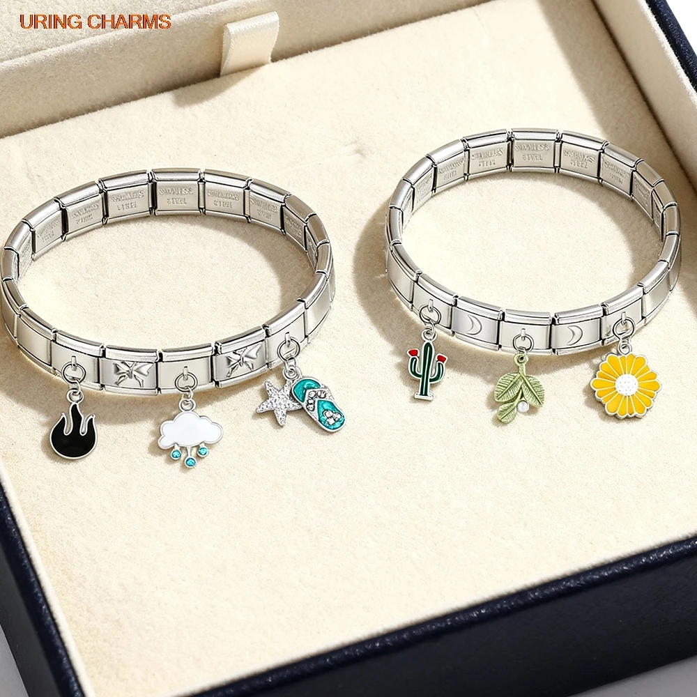 9mm Charm Pendant Stainless Steel Link DIY Italian Fashion Love Lock Slippers Starfish Skateboard Flame Jewelry Bracelet Making