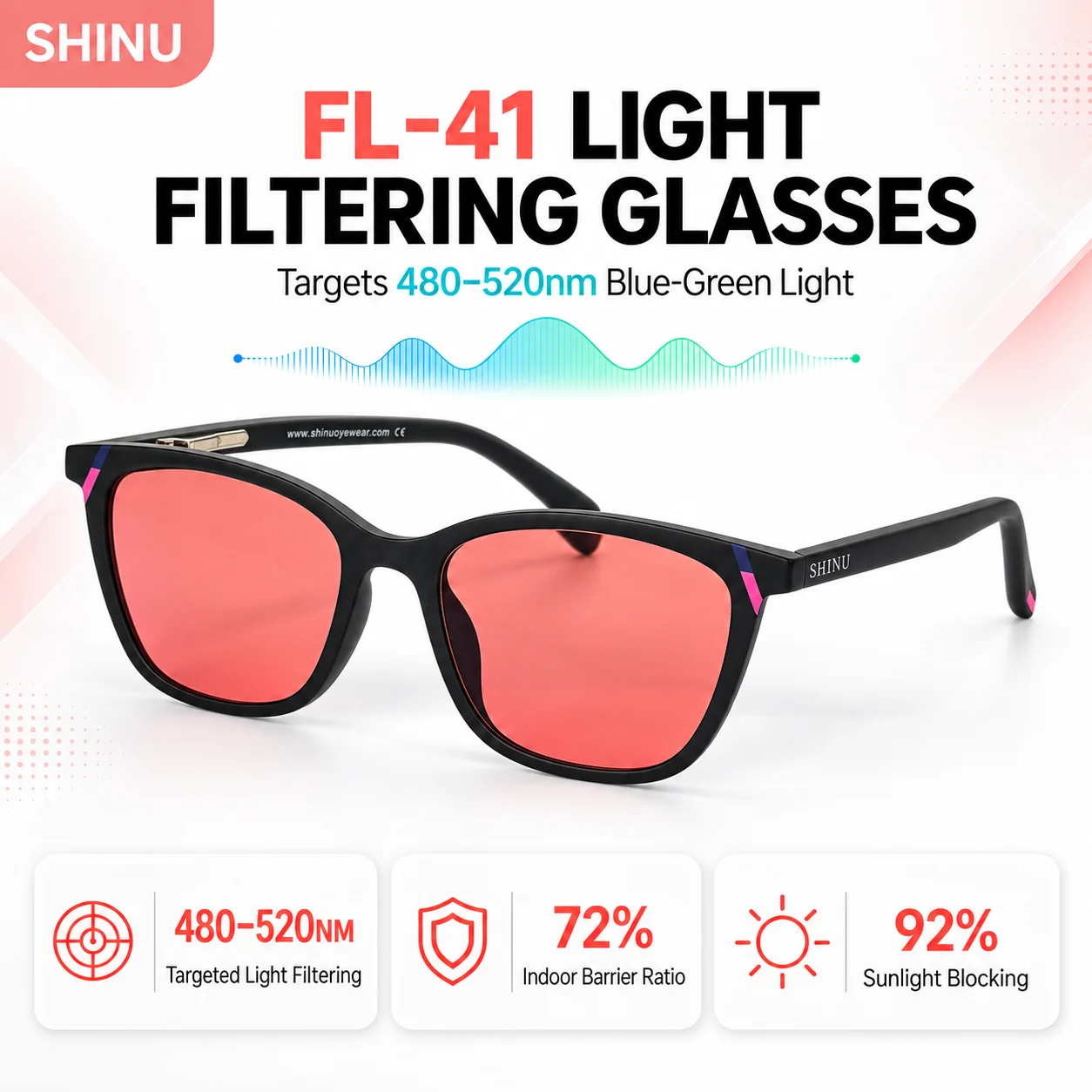SHINU FL41 Tinted Migraine Glasses for Women, TR90 Anti-Glare Light Sensitivity Glasses, FL-41 Computer Screen Eyewear