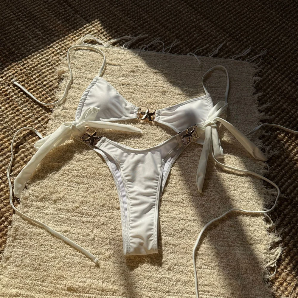 Sexy Bandage Bikini Thong Metalen Ster Gesp Badpak Vrouwen Backless Halter String Bandeau Badmode Strand Outfit Y2K Badpak
